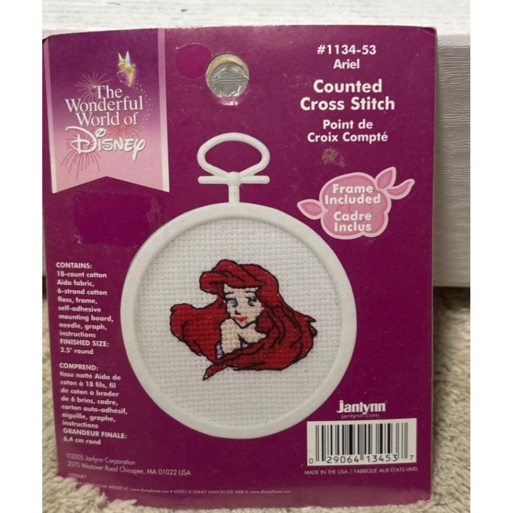Disney Ariel Counted Cross Stitch Kit With Frame 2.5" Round 18-Count Aida Fabric